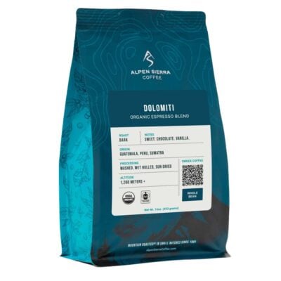 dolomiti espresso fair trade organic coffee bag