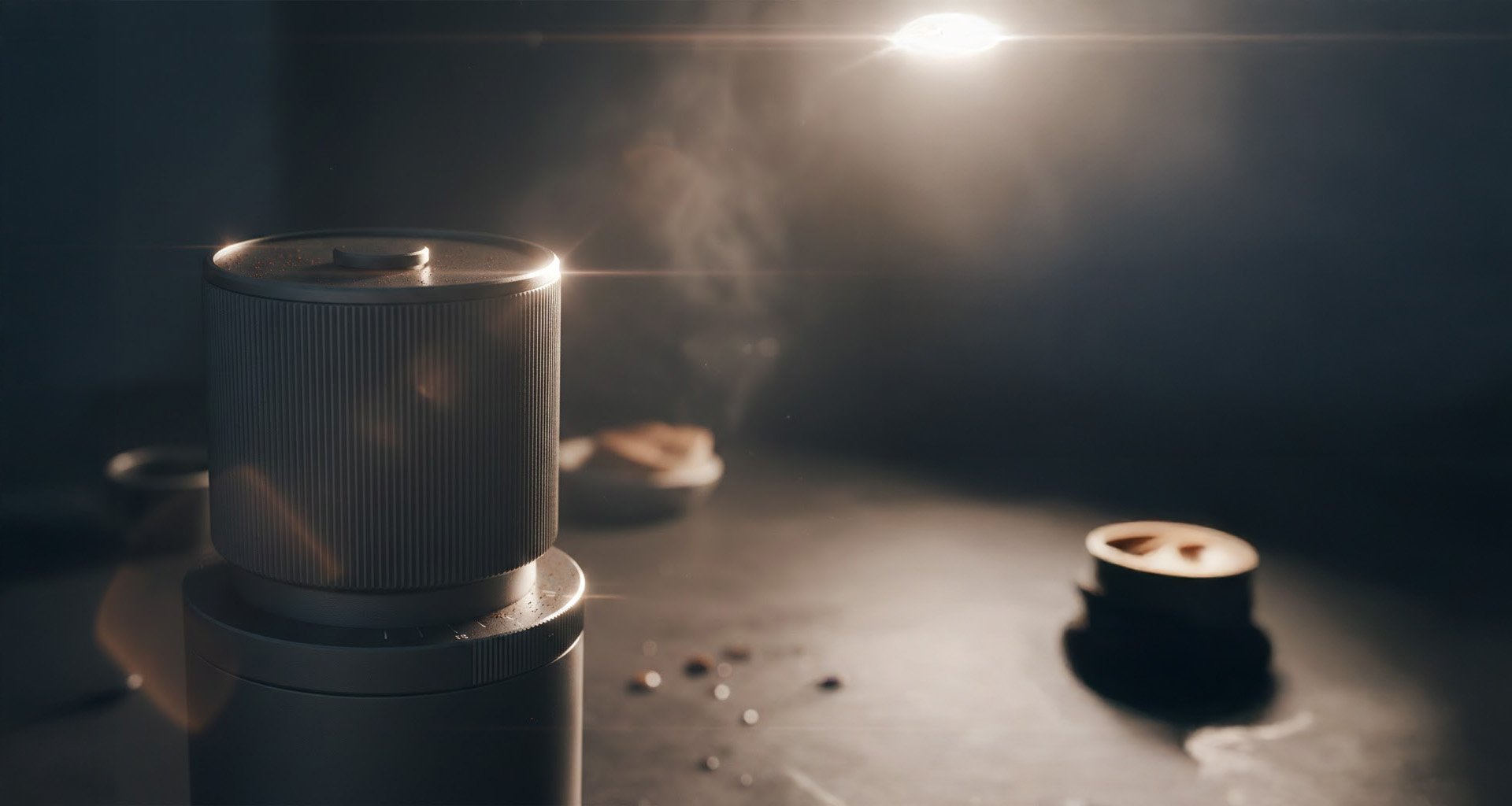 Coffee grinder in moody room with light shining through backgraound
